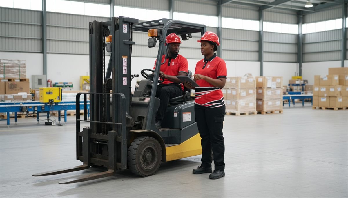 Two Wyvern Freight team members with a forklift in a warehouse