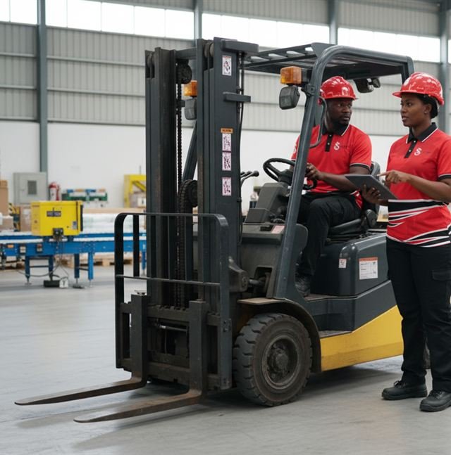 Two Wyvern Freight team members in hard hats and uniform checking a tablet beside a forklift